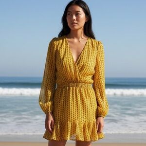 Blue Rain Women's XXS Golden Yellow Wrap V-Neck Long Sleeve One-Piece Romper